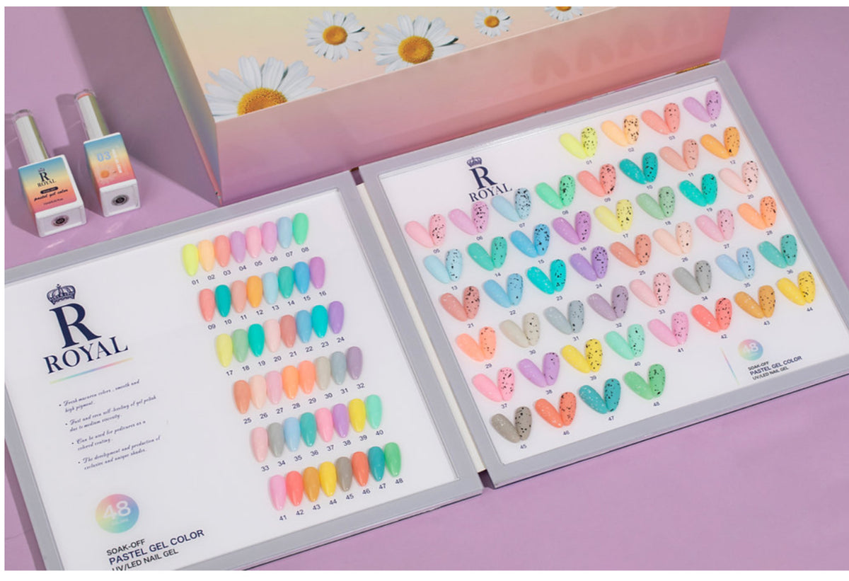 ROYAL PASTEL GEL COLOR 48 COLORS + 1 set egg shell top coat white &black